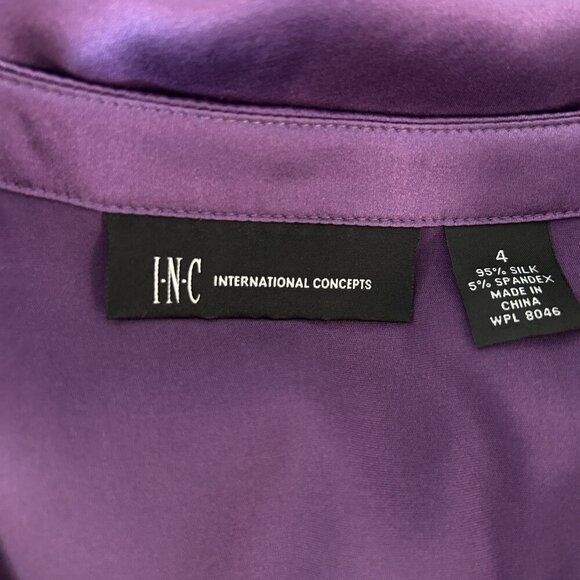 INC International Concepts Purple Stretch Silk Puffy Sleeve Faux Wrap Blouse - Picture 5 of 11